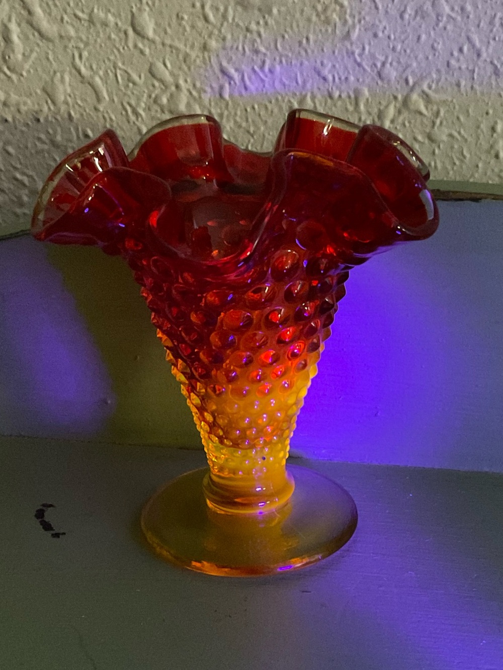 Vintage Fenton Amberina Hobnail Glass Bud Vase Ruffled Rim Cadmium Glow 4 inch